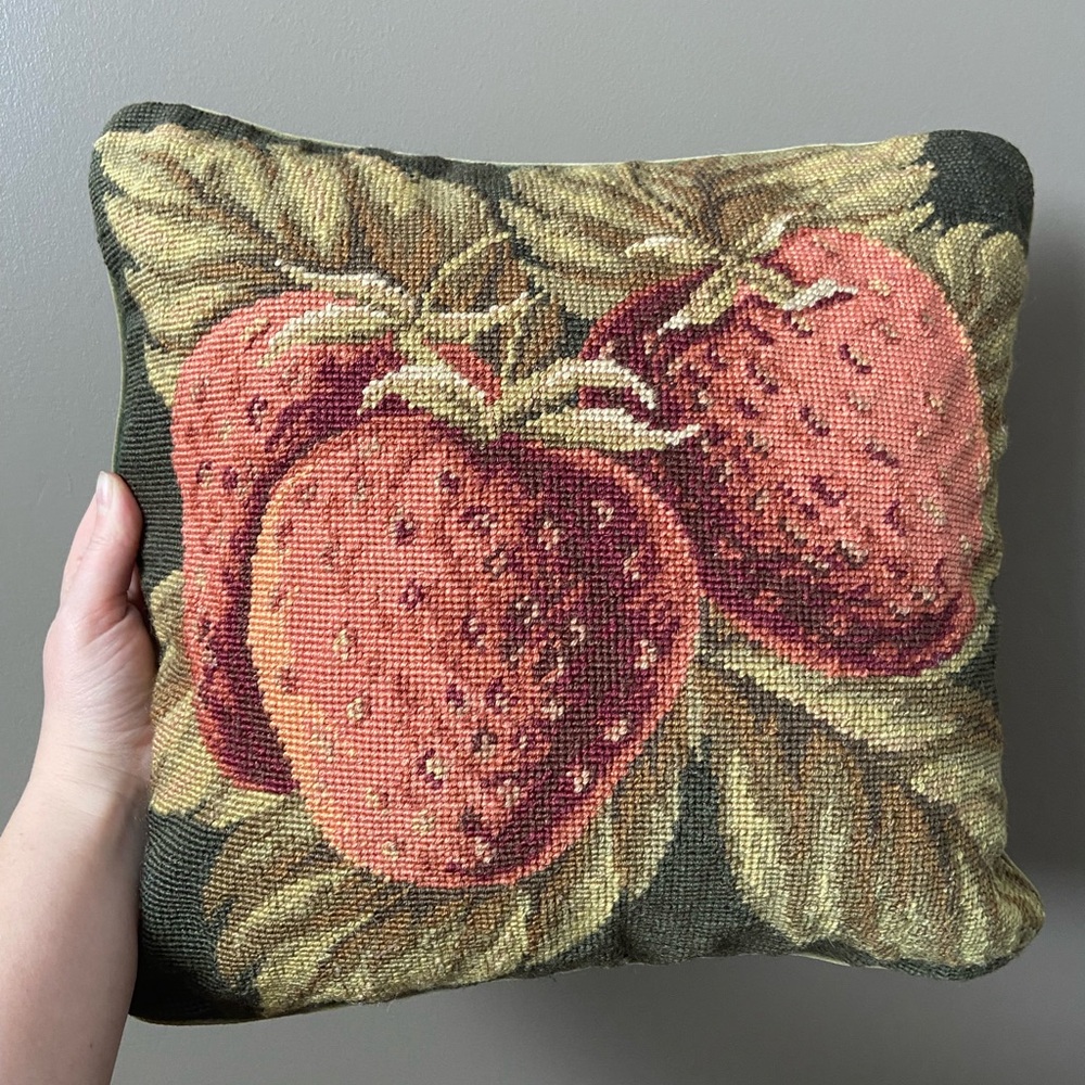 Vintage Needlepoint Pillow Strawberry Leaf 15”x15” Wool Green Velvet Backed